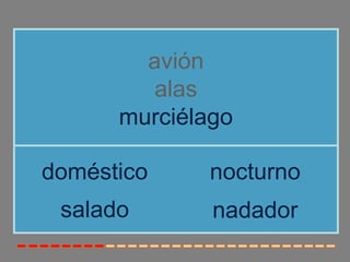 avión
         alas
      murciélago

doméstico    nocturno
 salado       nadador
 