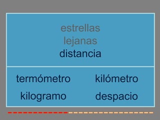 estrellas
        lejanas
       distancia

termómetro    kilómetro
kilogramo     despacio
 