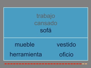 trabajo
        cansado
           sofá

 mueble        vestido
herramienta        oficio
 