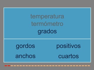 temperatura
     termómetro
        grados

gordos      positivos
anchos       cuartos
 