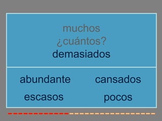 muchos
      ¿cuántos?
     demasiados

abundante   cansados
escasos      pocos
 
