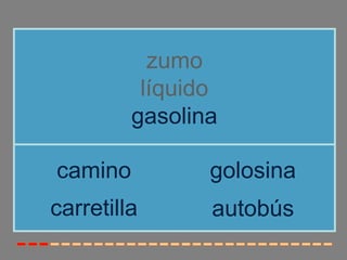 zumo
          líquido
         gasolina

camino          golosina
carretilla      autobús
 