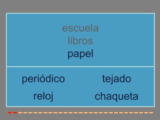 escuela
           libros
           papel

periódico           tejado
  reloj         chaqueta
 