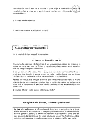 12
transformación radical. Por fin, a partir de la pupa, surge el insecto adulto, capaz de
reproducirse. Este proceso, por el que la larva se transforma en adulto, recibe el nombre
de metamorfosis.
1. ¿Cuál es el tema del texto?
_________________________________________________________________________
2. ¿Qué otros temas se desarrollan en el texto?
_________________________________________________________________________
_________________________________________________________________________
Lee el siguiente texto y responde las preguntas:
Los bosques nos dan muchos recursos
En general, las especies más llamativas de un bosqueson sus árboles; sin embargo, el
bosque es mucho más que eso (...) en él encontramos otras especies, como animales,
insectos, musgos, hongos y enredaderas.
El bosque tiene un valor incalculable, porque presta importantes servicios al hombre y al
ecosistema. Por ejemplo: el bosque protege los suelos, impidiendo que sean martillados
con fuerza por las gotas de las lluvias, y es refugio para la fauna silvestre.
Además, los bosques nos entregan la madera, que, como te habrás dado cuenta al mirar a
tu alrededor, es un recurso imprescindible para el hombre. La madera nos da la materia
prima para la construcción de viviendas, muebles, cajones, postes, y sirve también como
combustible.
1. ¿Cuál es el tema y cuáles son los subtemas del texto?
_________________________________________________________________________
_________________________________________________________________________
Distinguir la idea principal, secundaria y los detalles
La idea principal resume la información más importante o relevante sobre el tema
tratado en el texto. Para reconocer la idea principal, debes identificar el tema central y
rastrear, párrafo a párrafo, la información relevante que secomunica sobre este. En
este caso estarás identificando las ideas principales por párrafo. Finalmente, debes
sintetizar esa información en una frase que exprese la idea esencial del texto global.
Ahora a trabajar individualmente:
 