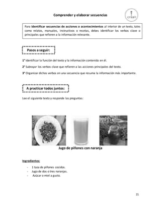 21
Comprender y elaborar secuencias
1° Identificar la función del texto y la información contenida en él.
2° Subrayar los verbos clave que refieren a las acciones principales del texto.
3° Organizar dichos verbos en una secuencia que resuma la información más importante.
Lee el siguiente texto y responde las preguntas:
Jugo de piñones con naranja
Ingredientes:
- 1 taza de piñones cocidos.
- Jugo de dos o tres naranjas.
- Azúcar o miel a gusto.
Para identificar secuencias de acciones o acontecimientos al interior de un texto, tales
como relatos, manuales, instructivos o recetas, debes identificar los verbos clave o
principales que refieren a la información relevante.
A practicar todos juntos:
Pasos a seguir:
 