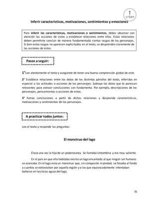 35
Inferir características, motivaciones, sentimientos y emociones
1°Lee atentamente el texto y asegúrate de tener una buena comprensión global de este.
2° Establece relaciones entre los datos de los distintos párrafos del texto, referidos en
especial a las actitudes o acciones de los personajes. Subraya los datos que te parezcan
relevantes para extraer conclusiones con fundamento. Por ejemplo, descripciones de los
personajes, pensamientos o acciones de estos.
3° Extrae conclusiones a partir de dichas relaciones y desprende características,
motivaciones y sentimientos de los personajes.
Lee el texto y responde las preguntas:
El monstruo del lago
Érase una vez la hija de un poderosorey. Se llamaba Untombina y era muy valiente.
En el país en que ella habitaba existía un lago encantado al que ningún ser humano
se acercaba. En el lago vivía un monstruo que, sin compasión ni piedad, se llevaba al fondo
a cuantos se extraviaban por aquella región y a los que equivocadamente intentaban
bañarse en lasclaras aguas del lago.
Para inferir las características, motivaciones o sentimientos, debes observar con
atención las acciones de estos y establecer relaciones entre ellas. Estas relaciones
deben permitirte concluir de manera fundamentada ciertos rasgos de los personajes.
Si bien estos rasgos no aparecen explicitados en el texto, se desprenden claramente de
las acciones de estos.
Pasos a seguir:
A practicar todos juntos:
 