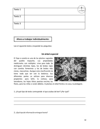 42
Texto 1
Texto 2
Texto 3
Lee el siguiente texto y responde las preguntas:
Un árbol especial
El foye o canelo es una de las plantas sagradas
del pueblo mapuche, sus propiedades
medicinales son múltiples: sirve para todo. Se
distinguen distintos tipos, los de brotes rojos
son canelos femeninos y los de brotes más
claros, masculinos. Aunque esta clasificación no
tiene nada que ver con la botánica. Sus
diferentes partes se utilizan para diversos
propósitos: para teñir, la corteza; para
torceduras, las hojas tibias puestas encima; las
flores, para los niños si están débiles. Si plantas el árbol frente a la casa, la protegerá.
1. ¿A qué tipo de texto corresponde el que acabas de leer? ¿Por qué?
_________________________________________________________________________
_________________________________________________________________________
_________________________________________________________________________
2. ¿Qué tipode informaciónentregael texto?
Ahora a trabajar individualmente:
 
