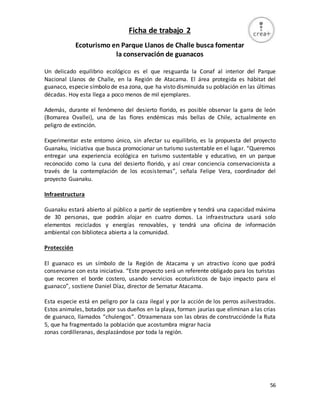 56
Ficha de trabajo 2
Ecoturismo en Parque Llanos de Challe busca fomentar
la conservación de guanacos
Un delicado equilibrio ecológico es el que resguarda la Conaf al interior del Parque
Nacional Llanos de Challe, en la Región de Atacama. El área protegida es hábitat del
guanaco, especie símbolo de esa zona, que ha visto disminuida su población en las últimas
décadas. Hoy esta llega a poco menos de mil ejemplares.
Además, durante el fenómeno del desierto florido, es posible observar la garra de león
(Bomarea Ovallei), una de las flores endémicas más bellas de Chile, actualmente en
peligro de extinción.
Experimentar este entorno único, sin afectar su equilibrio, es la propuesta del proyecto
Guanaku, iniciativa que busca promocionar un turismo sustentable en el lugar. “Queremos
entregar una experiencia ecológica en turismo sustentable y educativo, en un parque
reconocido como la cuna del desierto florido, y así crear conciencia conservacionista a
través de la contemplación de los ecosistemas”, señala Felipe Vera, coordinador del
proyecto Guanaku.
Infraestructura
Guanaku estará abierto al público a partir de septiembre y tendrá una capacidad máxima
de 30 personas, que podrán alojar en cuatro domos. La infraestructura usará solo
elementos reciclados y energías renovables, y tendrá una oficina de información
ambiental con biblioteca abierta a la comunidad.
Protección
El guanaco es un símbolo de la Región de Atacama y un atractivo ícono que podrá
conservarse con esta iniciativa. “Este proyecto será un referente obligado para los turistas
que recorren el borde costero, usando servicios ecoturísticos de bajo impacto para el
guanaco”, sostiene Daniel Díaz, director de Sernatur Atacama.
Esta especie está en peligro por la caza ilegal y por la acción de los perros asilvestrados.
Estos animales, botados por sus dueños en la playa, forman jaurías que eliminan a las crías
de guanaco, llamados “chulengos”. Otraamenaza son las obras de construcciónde la Ruta
5, que ha fragmentado la población que acostumbra migrar hacia
zonas cordilleranas, desplazándose por toda la región.
 