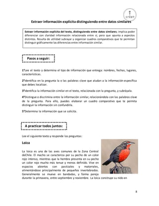 8
Extraer información explícita distinguiendo entre datos similares
1°Lee el texto y determina el tipo de información que entrega: nombres, fechas, lugares,
características.
2°Identifica en la pregunta la o las palabras clave que aludan a la información específica
que debes localizar.
3°Identifica la información similar en el texto, relacionada con la pregunta, y subráyala.
4°Distingue o discrimina entre la información similar, relacionándola con las palabras clave
de la pregunta. Para ello, puedes elaborar un cuadro comparativo que te permita
distinguir la información sin confundirla.
5°Determina la información que se solicita.
Lee el siguiente texto y responde las preguntas:
Loica
La loica es una de las aves comunes de la Zona Central
deChile. El macho se caracteriza por su pecho de un color
rojo intenso, mientras que la hembra presenta en su pecho
un color rojo mucho más tenue y menos definido. Vive en
espacios abiertos con pastizales y matorrales,
alimentándose principalmente de pequeños invertebrados.
Generalmente se mueve en bandadas, y forma pareja
durante la primavera, entre septiembre y noviembre. La loica construye su nido en
Pasos a seguir:
Extraer información explícita del texto, distinguiendo entre datos similares; implica poder
diferenciar con claridad información relacionada entre sí, pero que apunta a aspectos
distintos. Resulta de utilidad subrayar y organizar cuadros comparativos que te permitan
distinguir gráficamente las diferencias entre información similar.
A practicar todos juntos:
 