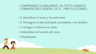  COMPRENDER GLOBALMENTE UN TEXTO SIGNIFICA
FORMARSE IDEA GENERAL DE EL. PARA ELLO DEBES:
 1- Identificar el tema y los sub-temas
 2- Distinguir la idea principal, secundaria y los detalles
 3- Escoger y elaborar un título
 4-Identificar la función del texto
 5-Parafrasear
 