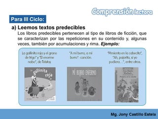 Para III Ciclo:
a) Leemos textos predecibles
Los libros predecibles pertenecen al tipo de libros de ficción, que
se caracterizan por las repeticiones en su contenido y, algunas
veces, también por acumulaciones y rima. Ejemplo:
 