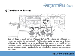 b) Caminata de lectura
Esta estrategia es usada por los niños cuando “leen” los letreros de publicidad que
ven en los medios de comunicación. Así los niños cada vez que ven el letrero,
afiche, panel, etc. repiten una y otra vez lo que dice. Luego, en la medida en que
van construyendo y adquiriendo el sistema de escritura encuentran que hay textos
que se parecen a otros y pueden tratar de entenderlos, encontrando semejanzas
entre ellos.
 