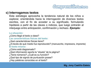 c) Interrogamos textos
Esta estrategia aprovecha la tendencia natural de los niños a
explorar, orientándola hacia la interrogación de diversos textos
escritos, con el fin de acceder a su significado, formulando
hipótesis a partir de las claves o indicios, que luego entrarán al
interjuego entre anticipación, confirmación y rechazo. Ejemplo:
La situación:
¿Cómo llegó el texto a clase?
Las características físicas del texto:
¿Qué características físicas tiene?
¿A través de qué medio fue reproducido? (manuscrito, impresora, imprenta)
El texto mismo:
¿Cómo está diagramado?
¿Qué información aporta la “silueta” de la página?
¿Tiene números? ¿Cuál es su función?
¿Qué tipo de signos de puntuación posee?
¿Hay palabras conocidas en el texto?
 
