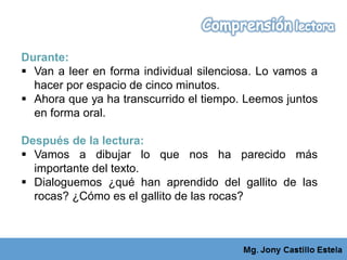 Durante:
 Van a leer en forma individual silenciosa. Lo vamos a
hacer por espacio de cinco minutos.
 Ahora que ya ha transcurrido el tiempo. Leemos juntos
en forma oral.
Después de la lectura:
 Vamos a dibujar lo que nos ha parecido más
importante del texto.
 Dialoguemos ¿qué han aprendido del gallito de las
rocas? ¿Cómo es el gallito de las rocas?
 