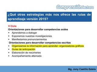 V Ciclo
Orientaciones para desarrollar competencias orales
 Aprendemos a dialogar
 Exponemos nuestras investigaciones
 Manifestamos pronunciamientos
Orientaciones para desarrollar competencias escritas
 Organizamos la información para aprender: organizadores gráficos
 Guías de anticipación
 Elaboración de resúmenes
 Acompañamiento alternado
¿Qué otras estrategias más nos ofrece las rutas de
aprendizaje versión 2015?
 