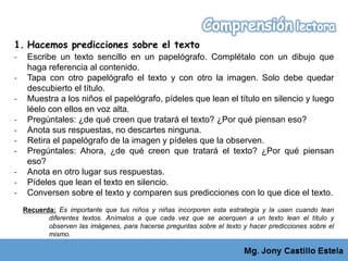 1. Hacemos predicciones sobre el texto
‐ Escribe un texto sencillo en un papelógrafo. Complétalo con un dibujo que
haga referencia al contenido.
‐ Tapa con otro papelógrafo el texto y con otro la imagen. Solo debe quedar
descubierto el título.
‐ Muestra a los niños el papelógrafo, pídeles que lean el título en silencio y luego
léelo con ellos en voz alta.
‐ Pregúntales: ¿de qué creen que tratará el texto? ¿Por qué piensan eso?
‐ Anota sus respuestas, no descartes ninguna.
‐ Retira el papelógrafo de la imagen y pídeles que la observen.
‐ Pregúntales: Ahora, ¿de qué creen que tratará el texto? ¿Por qué piensan
eso?
‐ Anota en otro lugar sus respuestas.
‐ Pídeles que lean el texto en silencio.
‐ Conversen sobre el texto y comparen sus predicciones con lo que dice el texto.
Recuerda: Es importante que tus niños y niñas incorporen esta estrategia y la usen cuando lean
diferentes textos. Anímalos a que cada vez que se acerquen a un texto lean el título y
observen las imágenes, para hacerse preguntas sobre el texto y hacer predicciones sobre el
mismo.
 