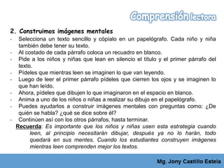 2. Construimos imágenes mentales
‐ Selecciona un texto sencillo y cópialo en un papelógrafo. Cada niño y niña
también debe tener su texto.
‐ Al costado de cada párrafo coloca un recuadro en blanco.
‐ Pide a los niños y niñas que lean en silencio el título y el primer párrafo del
texto.
‐ Pídeles que mientras leen se imaginen lo que van leyendo.
‐ Luego de leer el primer párrafo pídeles que cierren los ojos y se imaginen lo
que han leído.
‐ Ahora, pídeles que dibujen lo que imaginaron en el espacio en blanco.
‐ Anima a uno de los niños o niñas a realizar su dibujo en el papelógrafo.
‐ Puedes ayudarlos a construir imágenes mentales con preguntas como: ¿De
quién se habla? ¿qué se dice sobre él?
‐ Continúen así con los otros párrafos, hasta terminar.
Recuerda: Es importante que los niños y niñas usen esta estrategia cuando
leen, al principio necesitarán dibujar, después ya no lo harán, todo
quedará en sus mentes. Cuando los estudiantes construyen imágenes
mientras leen comprenden mejor los textos.
 