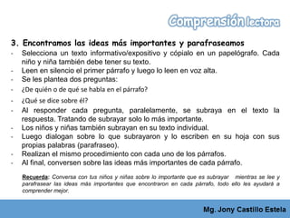 3. Encontramos las ideas más importantes y parafraseamos
‐ Selecciona un texto informativo/expositivo y cópialo en un papelógrafo. Cada
niño y niña también debe tener su texto.
‐ Leen en silencio el primer párrafo y luego lo leen en voz alta.
‐ Se les plantea dos preguntas:
‐ ¿De quién o de qué se habla en el párrafo?
‐ ¿Qué se dice sobre él?
‐ Al responder cada pregunta, paralelamente, se subraya en el texto la
respuesta. Tratando de subrayar solo lo más importante.
‐ Los niños y niñas también subrayan en su texto individual.
‐ Luego dialogan sobre lo que subrayaron y lo escriben en su hoja con sus
propias palabras (parafraseo).
‐ Realizan el mismo procedimiento con cada uno de los párrafos.
‐ Al final, conversen sobre las ideas más importantes de cada párrafo.
Recuerda: Conversa con tus niños y niñas sobre lo importante que es subrayar mientras se lee y
parafrasear las ideas más importantes que encontraron en cada párrafo, todo ello les ayudará a
comprender mejor.
 