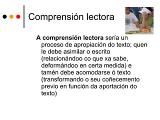 Comprensión lectora A comprensión lectora  sería un proceso de apropiación do texto; quen le debe asimilar o escrito (relacionándoo co que xa sabe, deformándoo en certa medida) e tamén debe acomodarse ó texto (transformando o seu coñecemento previo en función da aportación do texto) 