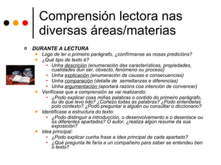 Comprensión lectora nas diversas áreas/materias DURANTE A LECTURA Logo de ler o primeiro parágrafo, ¿confírmanse as nosas predicións? ¿Qué tipo de texto é? Unha  descrición  (enumeración das características, propiedades, cualidades dun ser, obxecto, fenómeno ou proceso) Unha  explicación  (enumeración de causas e consecuencias) Unha  comparación  (detalle de  semellanzas e diferencias) Unha  argumentación  (aportará razóns coa intención de convencer) Verifícase que a comprensión se vai realizando: ¿Podo explicar coas miñas palabras o contido do primeiro parágrafo, ou do que levo lido? ¿Coñezo todas as palabras? ¿Podo entendelas polo contexto? ¿Podo preguntar a alguén ou consultar o diccionario? Identificase a estructura do texto: ¿Podo distinguir a introducción, o desenvolvemento e o desenlace ou os diferentes apartados? O autor, ¿realiza algún resume da súa exposición? Idea principal: ¿Podo explicar cunha frase a idea principal de cada apartado? ¿Qué pregunta lle faría a un compañeiro para saber se entendeu ben o texto? 