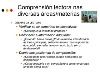 Comprensión lectora nas diversas áreas/materias DESPOIS DA LECTURA Verificar se se cumpriron os obxectivos: ¿Conseguín a finalidade proposta? Recoñecer a información adquirida: ¿Entendín ben o texto?¿Podo resumilo, identificando as ideas principias, seleccionando o máis importante do contido e e redactando un novo texto só co fundamental? Diante dos problemas de comprensión: ¿Cómo podo facer cando xorden problemas de comprensión? ¿Como axudaría a un compañeiro a comprender ben un texto coma este? 