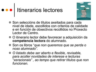 Itinerarios lectores Son seleccións de títulos axeitados para cada nivel de idade, escollidos con criterios de calidade e en función de obxectivos recollidos no Proxecto Lector de Centro. O itinerario lector debe favorecer a adquisición da  competencia lectora  do alumnado.  Son os libros “ que non queremos que se perda o noso alumnado”.  O listado debe ser aberto e flexible, revisable, para acoller novidades de interese e lecturas “xeracionais” , ao tempo que retirar títulos que non funcionan. 