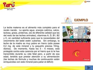 Inicio
EJEMPLO
La leche materna es el alimento más completo para el
recién nacido. Le aporta agua, energía calórica, calcio,
lactosa, grasa, proteínas, (es de diferente calidad que las
del resto de las leches animales), vitaminas A, D, B1, B2
y C, en cantidad suficiente para que la necesidades del
crecimiento del bebé estén cubiertas. Sin embargo, la
leche de la madre es muy pobre en hierro (sólo posee
0,2 mg. de este mineral y tu pequeño precisa 10mg.
diarios). De momento, hasta los 5 - 6 meses, está
protegido contra esta carencia por el hierro que tú le has
transmitido durante su vida fetal pero, a partir de esa
edad, tendrás que prestar atención a su alimentación
(las leches de fórmula y muchas de continuación están
enriquecidas con este mineral para paliar el déficit)
 