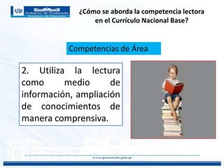 ¿Cómo se aborda la competencia lectora
en el Currículo Nacional Base?
2. Utiliza la lectura
como medio de
información, ampliación
de conocimientos de
manera comprensiva.
Competencias de Área
 