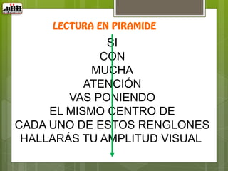 SI
             CON
            MUCHA
           ATENCIÓN
        VAS PONIENDO
     EL MISMO CENTRO DE
CADA UNO DE ESTOS RENGLONES
 HALLARÁS TU AMPLITUD VISUAL
 
