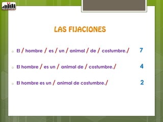 o   El / hombre   / es / un / animal / de / costumbre./   7

o   El hombre / es un / animal de / costumbre./           4

o   El hombre es un / animal de costumbre./               2
 