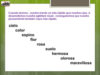 Cuando leemos , nuestra mente va más rápido que nuestros ojos. si
desarrollamos nuestra agilidad visual , conseguiremos que nuestro
pensamiento también vaya más rápido.

cielo
    color
       espino
           flor
                      rosa
                             suelo
                                hermosa
                                    olorosa
                                         maravillosa
 
