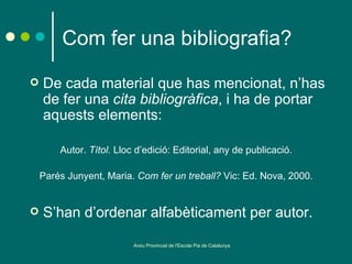 Com fer una bibliografia?
   De cada material que has mencionat, n’has
    de fer una cita bibliogràfica, i ha de portar
    aquests elements:

        Autor. Títol. Lloc d’edició: Editorial, any de publicació.

    Parés Junyent, Maria. Com fer un treball? Vic: Ed. Nova, 2000.


   S’han d’ordenar alfabèticament per autor.

                          Arxiu Provincial de l'Escola Pia de Catalunya
 