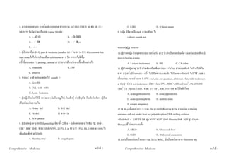 4. มารดาคลอดบุตร ตายตั้งแตแรกคลอด ทารกบวม แม Hb 11 MCV 60 พอ Hb 12.5                                   C. LDH                         D. ดู blood smear
       MCV 55 ขอใดนาจะเปน Hb typing ของพอ                                                          9. หญิง มีซีด เหลือง plt. ต่ํา จะทําอะไร
                   A. - -/α α                                B. - α/α α                                          c.direct coomb test
                   C. - -/ - α                               D. - -/- α cs
                   E. - -/- -                                                                          <<<<< GI >>>>>
       5. ผูปวยมาดวย RUQ pain & moderate jaundice มา 2 วัน ตรวจ U/S พบ common bile                  10. ผูปวยหญิง ถายอุจจาระเละ 3 ครั้ง/วัน มา 2 ป มักเปนเวลากินเผ็ด นม ครีม ปวดทอง มี
       duct stone ไดใหการรักษาดวย ceftriaxone มา 5 วัน อาการไมดีขึ้น                               ลมมากในทอง ผายลม
       ครั้งนี้ตรวจพบ PT prolong , normal aPTT ควรใหการรักษาเบื้องตนอยางไร                                     A. Lactose intolerance        B. IBS              C. CA colon
                   A. vitamin K                              B. FFP                                    11. ผูปวยหญิงอายุ 30 ป ปวดทองนอยขางขวามา 4 ชั่วโมง ปวดมากทันที ไมราวไปที่ใด
                   C. observe                                                                          N/V 1-2 ครั้ง มีถายเหลว 1 ครั้ง ไมมีปสสาวะแสบขัด ไมมีตกขาวผิดปกติ ไมมีไข LMP 1
       6. ชายแก มาดวยออนเพลีย ไข coomb +                                                           เดือนกอน ตรวจรางกาย T 37oC , not pale , no jaundice , abdomen : flat, mild tenderness
                   A. G-6 PD                                                                           at RLQ , CVA not tenderness , CBC : Hct. 37% , WBC 9,000 cell/mm3 , Plt. 250,000
                   B. CLL with AIHA                                                                    /mm3 UA : Sp.Gr. 1.020 , WBC 2-3 /HP , RBC 5-10 /HP จงวินิจฉัยโรค
                   C. Acute leukemia                                                                              A. acute gastroenteritis      B. acute appendicitis
       7. ผูหญิงกินมังสวิรัติ เครงมาก (ไมกินหมู,ไข) กินเตาหู ถั่ว ธัญพืช กินผักใบเขียว ผูปวย              C. acute pyeronephritis       D. ureteric stone
       เสี่ยงที่จะเกิดภาวะใด                                                                                      E. ectopic pregnancy
                   A. folate def.                B. B12 def.                                           12. ช 50 yr ดื่มเหลาขาว ½ ขวด /วัน มา 10 ป ทองบวม ขาโต ตัวเหลือง ตาเหลือง
                   C. Fe def.                    D. ขาด Ca                                             abdomen soft not tender liver not palpable spleen 2 FB shifting dullness
                   E. ขาด protein                                                                      +fluid thrill + LFT TB DB สูง SGOT SGPT ปกติ albumin ปกติ ALP สูง Glo 4+
       8. ผูปวยหญิงอายุ 50 ป มี petechiae ที่ขาทั้ง 2 ขาง + มีเลือดออกตามไรฟน PE: ปกติ ;          Manage ที่ไมเหมาะสมคือ
       CBC : RBC ปกติ , WBC ปกติ(N70%, L15%, E or Mวะ?? 15%), Plt. 15000 ตรวจอะไร                                 A. ERCP                       B. Ultrasound liver
       เพิ่มเติมเพื่อชวยวินิจฉัย                                                                                 C. EGD                        D. Abdominal paracentsis
                   A. bleeding time              B. coagulogram                                        13. แสบรอนแนนหนาอกมา 1 m, ECG: WNL, มักเปนหลังอาหาร กอนนอน Mx

Comprehensive - Medicine                                                              หนาที่ 2               Comprehensive - Medicine                                                            หนาที่ 3
 