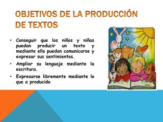 • Conseguir que los niños y niñas
puedan producir un texto y
mediante ello puedan comunicarse y
expresar sus sentimientos.
• Ampliar su lenguaje mediante la
escritura.
• Expresarse libremente mediante lo
que a producido
 