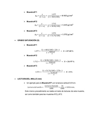  Muestra N°1
𝜸 𝒅 =
𝛾
(1 + 𝜔)
=
1.377
(1 + 48.9/100)
= 𝟎. 𝟗𝟐𝟓 𝒈/𝒄𝒎 𝟑
 Muestra N°2
𝜸 𝒅 =
𝛾
(1 + 𝜔)
=
1.712
(1 + 38.98/100)
= 𝟏. 𝟔𝟏𝟓 𝒈/𝒄𝒎 𝟑
 Muestra N°3
𝜸 𝒅 =
𝛾
(1 + 𝜔)
=
1.572
(1 + 51.74/100)
= 𝟏. 𝟓𝟕𝟐 𝒈/𝒄𝒎 𝟑
 GRADO SATURACIÓN (S)
 Muestra N°1
1.377 =
(1 + 48.9/100) ∗ 2.8 ∗ 1
1 +
48.96∗2.8
𝑺
→ 𝑺 = 𝟔𝟕. 𝟔𝟎 %
 Muestra N°2
1.712 =
(1 + 38.98/100) ∗ 2.64 ∗ 1
1 +
38.98∗2.64
𝑺
→ 𝑺 = 𝟐𝟒. 𝟗𝟕 %
 Muestra N°3
1.572 =
(1 + 51.74/100) ∗ 2.78 ∗ 1
1 +
51.74∗2.78
𝑺
→ 𝑺 = 𝟎 %
 LECTURADEL ANILLO (mm)
 Un ejemplo para la Muestra N°1, en la lectura vertical 0.01cm:
𝐿𝑒𝑐𝑡𝑢𝑟𝑎 𝑑𝑒𝑙 𝑎𝑛𝑖𝑙𝑙𝑜 =
𝐿𝑒𝑐𝑡𝑢𝑟𝑎 𝐴𝑛𝑜𝑡𝑎𝑑𝑎
1000
=
16
1000
= 0.016 𝑚𝑚.
Este mismo procedimiento se realiza al resto de lecturas de esta muestra,
así como también para las muestras N°2 y N°3.
 