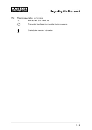 Regarding this Document
1 --- 2
1.4.2 Miscellaneous notices and symbols
 
Here is a task to be carried out.
This symbol identifies environmental protection measures.
This indicates important information.
 