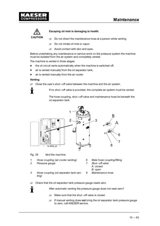 Maintenance
10 --- 63
Escaping oil mist is damaging to health.
 
Do not direct the maintenance hose at a person while venting.
 
Do not inhale oil mist or vapor.
 
Avoid contact with skin and eyes.
Before undertaking any maintenance or service work on the pressure system the machine
must be isolated from the air system and completely vented.
The machine is vented in three stages:
¡
the oil circuit vents automatically when the machine is switched off,
¡
air is vented manually from the oil separator tank,
¡
air is vented manually from the air cooler.
Venting
 
Close the user’s shut---off valve between the machine and the air system.
If no shut---off valve is provided, the complete air system must be vented.
The hose coupling, shut---off valve and maintenance hose lie beneath the
oil separator tank.
Fig. 28 Vent the machine.
1 Hose coupling (air cooler venting) 6 Male hose coupling/fitting
2 Pressure gauge 7 Shut---off valve
A: closed
B: open
3 Hose coupling (oil separator tank ven-
ting)
8 Maintenance hose
 
Check that the oil separator tank pressure gauge reads zero.
After automatic venting the pressure gauge does not read zero?
 
Make sure that the shut---off valve is closed.
 
If manual venting does not bring the oil separator tank pressure gauge
to zero, call KAESER service.
CAUTION
 