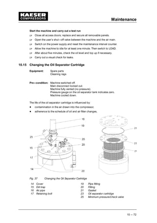 Maintenance
10 --- 72
Start the machine and carry out a test run
 
Close all access doors; replace and secure all removable panels.
 
Open the user’s shut---off valve between the machine and the air main.
 
Switch on the power supply and reset the maintenance interval counter.
 
Allow the machine to idle for at least one minute. Then switch to LOAD.
 
After about five minutes, check the oil level and top up if necessary.
 
Carry out a visual check for leaks.
10.15 Changing the Oil Separator Cartridge
Equipment: Spare parts
Cleaning rags
Pre---condition: Machine switched off.
Main disconnect locked out.
Machine fully vented (no pressure).
Pressure gauge on the oil separator tank indicates zero.
Machine cooled down.
The life of the oil separator cartridge is influenced by:
¡
contamination in the air drawn into the compressor,
¡
adherence to the schedule of oil and air filter changes,
Fig. 37 Changing the Oil Separator Cartridge
14 Cover 19 Pipe fitting
15 Dirt trap 20 Fitting
16 Air pipe 21 Gasket
17 Retaining bolt 23 Oil separator cartridge
25 Minimum pressure/check valve
 