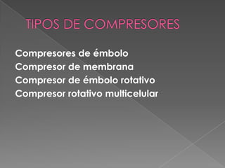 TIPOS DE COMPRESORES Compresores de émboloCompresor de membranaCompresor de émbolo rotativoCompresor rotativo multicelular