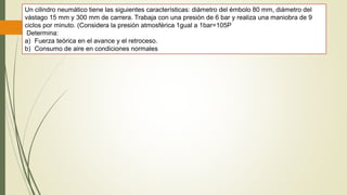 Un cilindro neumático tiene las siguientes características: diámetro del émbolo 80 mm, diámetro del
vástago 15 mm y 300 mm de carrera. Trabaja con una presión de 6 bar y realiza una maniobra de 9
ciclos por minuto. (Considera la presión atmosférica 1gual a 1bar=105P
Determina:
a) Fuerza teórica en el avance y el retroceso.
b) Consumo de aire en condiciones normales
 