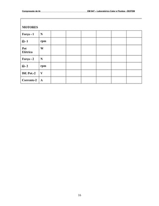 Compressão de Ar EM 847 – Laboratórico Calor e Fluidos - DE/FEM
MOTORES
Força - 1 N
Ω- 1 rpm
Pot
Elétrica
W
Força - 2 N
Ω- 2 rpm
Dif. Pot.-2 V
Corrente-2 A
16
 