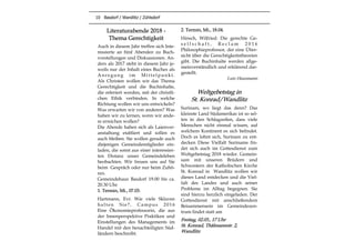 10 Basdorf / Wandlitz / Zühlsdorf
Literaturabende 2018 -
Thema Gerechtigkeit
Auch in diesem Jahr treffen sich Inte-
ressierte an fünf Abenden zu Buch-
vorstellungen und Diskussionen. An-
ders als 2017 steht in diesem Jahr je-
weils nur der Inhalt eines Buches als
Anregung im Mi ttelpunkt.
Als Christen wollen wir das Thema
Gerechtigkeit und die Buchinhalte,
die referiert werden, mit der christli-
chen Ethik verbinden. In welche
Richtung wollen wir uns entwickeln?
Was erwarten wir von anderen? Was
haben wir zu lernen, wenn wir ande-
re erreichen wollen?
Die Abende haben sich als Laienver-
anstaltung etabliert und sollen es
auch bleiben. Sie wollen gerade auch
diejenigen Gemeindemitglieder ein-
laden, die sonst aus einer interessier-
ten Distanz unser Gemeindeleben
beobachten. Wir freuen uns auf Sie
beim Gespräch oder nur beim Zuhö-
ren.
Gemeindehaus Basdorf 19.00 bis ca.
20.30 Uhr
1. Termin, Mi., 07.03.
Hartmann, Evi: Wie viele Sklaven
halten Sie?, Campus 2016
Eine Ökonomieprofessorin, die aus
der Innenperspektive Praktiken und
Einstellungen des Managements im
Handel mit den benachteiligten Süd-
ländern beschreibt.
2. Termin, Mi., 18.04.
Hinsch, Wilfried: Die gerechte Ge-
s e l l s c h a f t , R e c l a m 2 0 1 6
Philosophieprofessor, der eine Über-
sicht über die Gerechtigkeitstheorien
gibt. Die Buchinhalte werden allge-
meinverständlich und erklärend dar-
gestellt.
Lutz Hausmann
Weltgebetstag in
St. Konrad/Wandlitz
Surinam, wo liegt das denn? Das
kleinste Land Südamerikas ist so sel-
ten in den Schlagzeilen, dass viele
Menschen nicht einmal wissen, auf
welchem Kontinent es sich befindet.
Doch es lohnt sich, Surinam zu ent-
decken Diese Vielfalt Surinams fin-
det sich auch im Gottesdienst zum
Weltgebetstag 2018 wieder. Gemein-
sam mit unseren Brüdern und
Schwestern der Katholischen Kirche
St. Konrad in Wandlitz wollen wir
dieses Land entdecken und die Viel-
falt des Landes und auch seiner
Probleme im Alltag begegnen. Sie
sind hierzu herzlich eingeladen. Der
Gottesdienst mit anschließendem
Beisammensein im Gemeindezen-
trum findet statt am
Freitag, 02.03., 17 Uhr
St. Konrad, Thälmannstr. 2,
Wandlitz
 