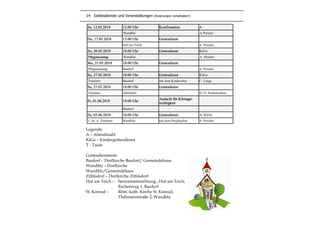 14 Gottesdienste und Veranstaltungen (Änderungen vorbehalten!)
Legende:
A – Abendmahl
KiGo – Kindergottesdienst
T - Taufe
Gottesdienstorte:
Basdorf – Dorfkirche Basdorf/ Gemeindehaus
Wandlitz – Dorfkirche
Wandlitz/Gemeindehaus
Zühlsdorf – Dorfkirche Zühlsdorf
Hof am Teich – Senioreneinrichtung „Hof am Teich,
Eschenweg 1, Basdorf
St. Konrad – Röm.-kath. Kirche St. Konrad,
Thälmannstraße 2, Wandlitz
Sa, 12.05.2018 12.00 Uhr Konfirmation A
Wandlitz A.Preisler
Do, 17.05.2018 15.00 Uhr Gottesdienst
Hof am Teich A. Preisler
So, 20.05.2018 10.00 Uhr Gottesdienst KiGo
Pfingstsonntag Wandlitz A. Preisler
Mo, 21.05.2018 10.00 Uhr Gottesdienst
Pfingstmontag Basdorf A. Preisler
So, 27.05.2018 10.00 Uhr Gottesdienst KiGo
Trinitatis Basdorf mit dem Kinderchor C. Lange
So, 27.05.2018 14.00 Uhr Gottesdienst
Trinitatis Zühlsdorf H.-O. Seidenschnur
Fr, 01.06.2018 19.00 Uhr
Andacht für Klimage-
rechtigkeit
Basdorf
So, 03.06.2018 10.00 Uhr Gottesdienst A, KiGo
1. So. n. Trinitatis Wandlitz mit dem Projektchor A. Preisler
 