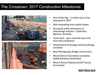 The Crosstown: 2017 Construction Milestones
• Year of the Dig – 1 million tons to be
excavated in 2017
• Start excavating main station boxes
• Shoring & utility relocations at
interchange stations – Cedarvale,
Eglinton, Kennedy
• Track work – pour concrete base and
first track installation
• Maintenance & Storage Facility buildings
enclosed
• New Photography Bridge construction
• Mount Dennis foundation complete;
Kodak Building moved back
• Mount Dennis Pedestrian/LRT Tunnel
Connection
16
 