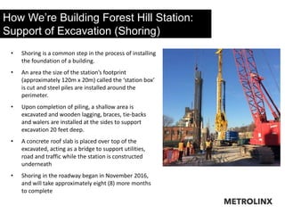 How We’re Building Forest Hill Station:
Support of Excavation (Shoring)
• Shoring is a common step in the process of installing
the foundation of a building.
• An area the size of the station’s footprint
(approximately 120m x 20m) called the ‘station box’
is cut and steel piles are installed around the
perimeter.
• Upon completion of piling, a shallow area is
excavated and wooden lagging, braces, tie-backs
and walers are installed at the sides to support
excavation 20 feet deep.
• A concrete roof slab is placed over top of the
excavated, acting as a bridge to support utilities,
road and traffic while the station is constructed
underneath
• Shoring in the roadway began in November 2016,
and will take approximately eight (8) more months
to complete
 