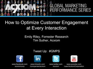 How to Optimize Customer Engagement  at Every Interaction Emily Riley, Forrester Research Tim Suther, Acxiom Tweet Up:  #GMPS www.facebook.com /acxiomcorp www.twitter.com /acxiom www.linkedin.com /companies/acxiom www.youtube.com /user/AcxiomCorporation 