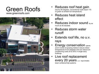 Green Roofs Reduces roof heat gain  (Sunny 95 degrees, conventional roofs reach 175 vs green at ambient air temperature) Reduces heat island effect Reduces indoor sound  by as much as 40 decibels Reduces storm water runoff Extends roof life, no u.v. rays Energy conservation  plants and 4 inches of growing medium reduce indoor temperatures 6 to 8 degrees and can reduce air-conditioning costs 25 to 50% in single story buildings Live roof replacement every 20 years  u.v. rays breaks down container/tray systems  www.greenroofs.com 