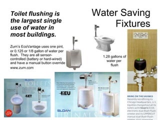 Water Saving Fixtures Toilet flushing is the largest single use of water in most buildings. Zurn’s EcoVantage uses one pint, or 0.125 or 1/8 gallon of water per flush.  They are all sensor-controlled (battery or hard-wired) and have a manual button override. www.zurn.com 1.28 gallons of water per  flush 