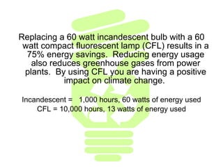 Replacing a 60 watt incandescent bulb with a 60 watt compact fluorescent lamp (CFL) results in a 75% energy savings.  Reducing energy usage also reduces greenhouse gases from power plants.  By using CFL you are having a positive impact on climate change.  Incandescent =  1,000 hours, 60 watts of energy used CFL = 10,000 hours, 13 watts of energy used 