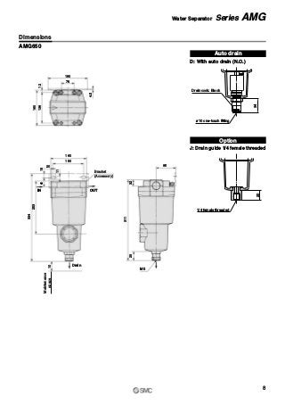 180
76
4.5
12136
160
160
150
20
11
1540
253
334
10
85
32
311
20
Maintenance
space
Drain
M5
(Accessory)
Bracket
IN OUT
Auto drain
D: With auto drain (N.O.)
Option
J: Drain guide 1/4 female threaded
AMG650
20
1/4 female threaded
34
Drain cock: Black
ø10 one-touch fitting
Dimensions
8
Water Separator Series AMG
 